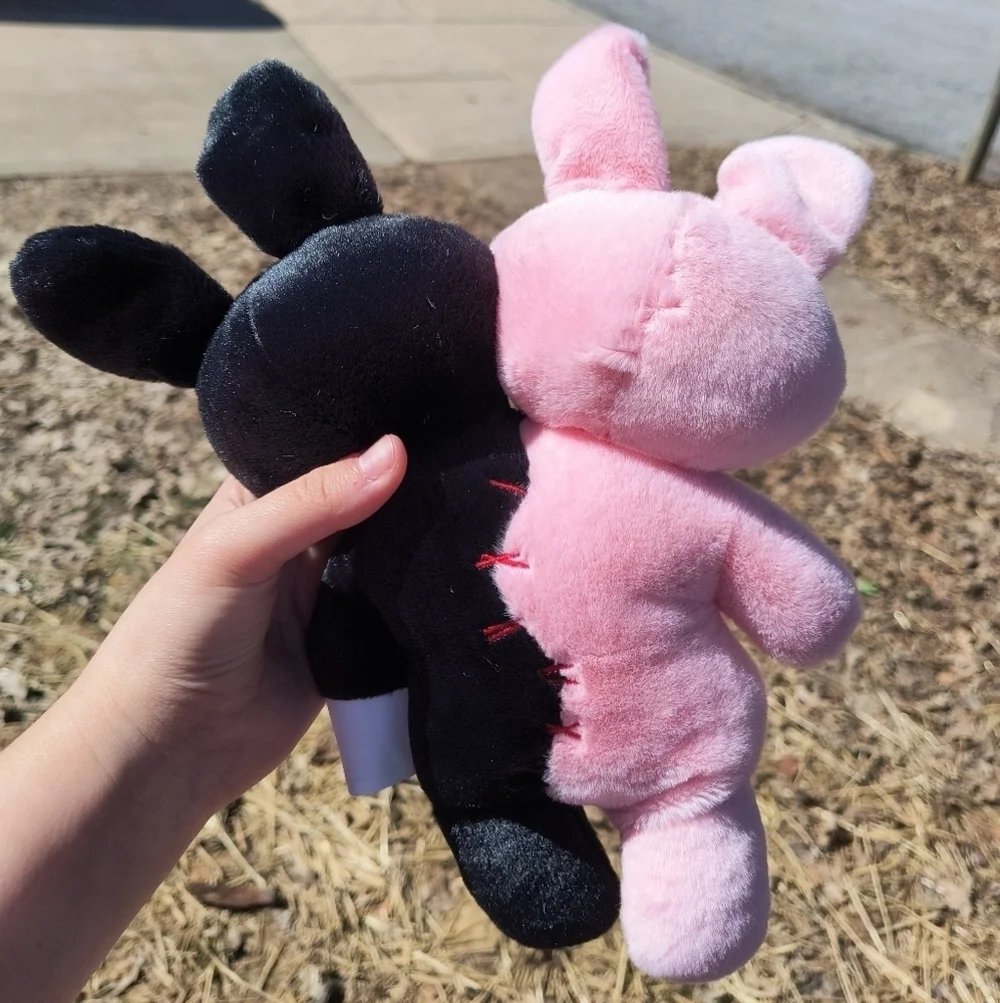 Spooky Unique Cute Pink and Black Plush Bunny Toy with Red and Blue accents